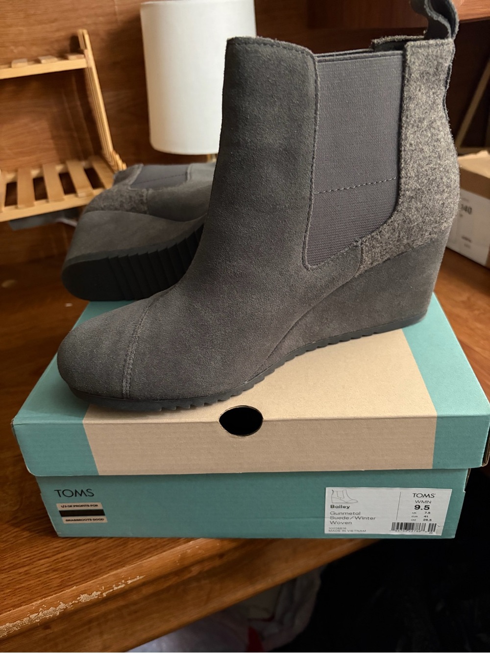 TOMS Gray Suede Wedge Chelsea Boot